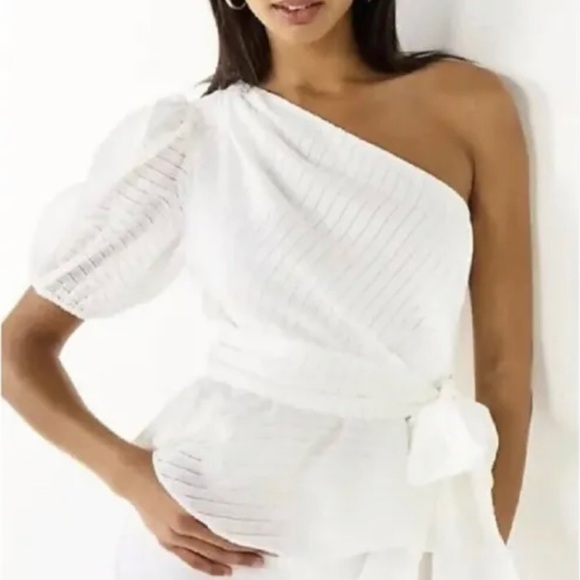 Nine West One Shoulder Shirred Tie Waist Peplum Top in White, Size XL Womens - Picture 1 of 9